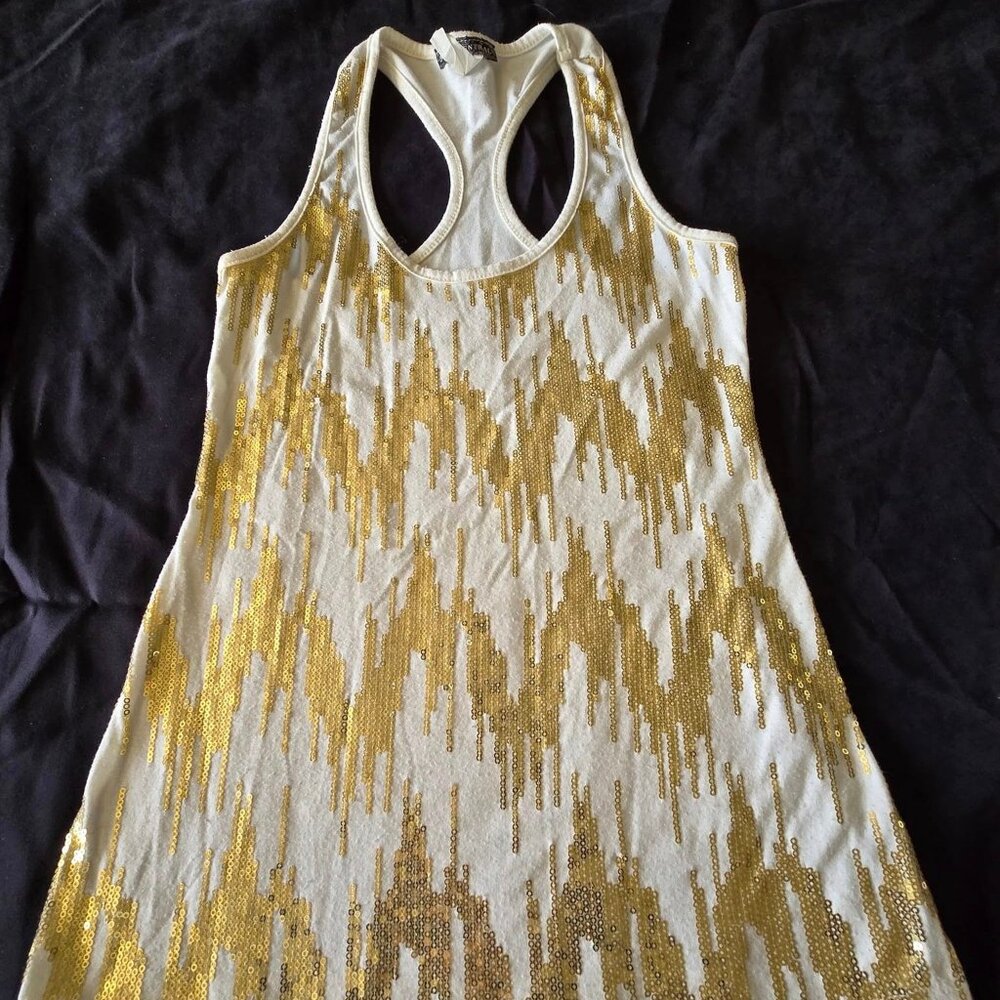 Women's Size Medium Cream  W/Gold Sequin Racer Back Tank